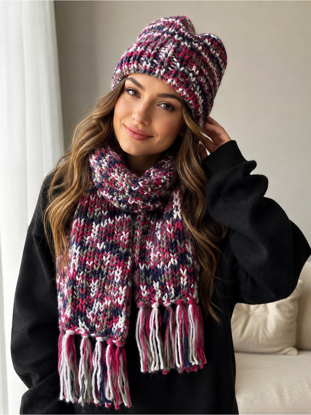 Pologarage Accessories Chunky Multicolor Knit Beanie & Fringe Scarf Set